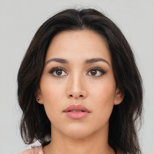 Neutral asian young-adult female with long  brown hair and brown eyes