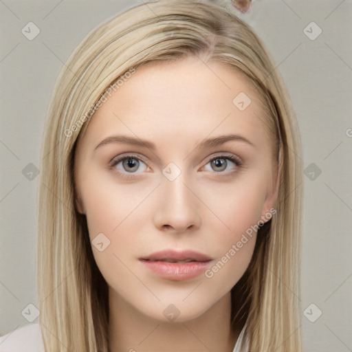 Neutral white young-adult female with long  brown hair and brown eyes