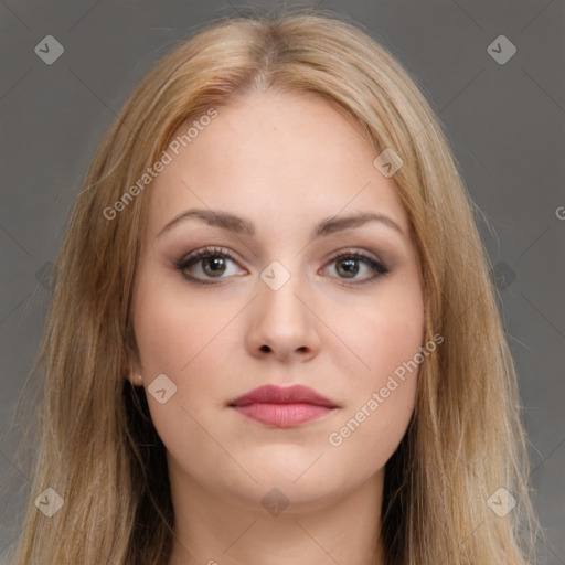 Neutral white young-adult female with long  brown hair and brown eyes