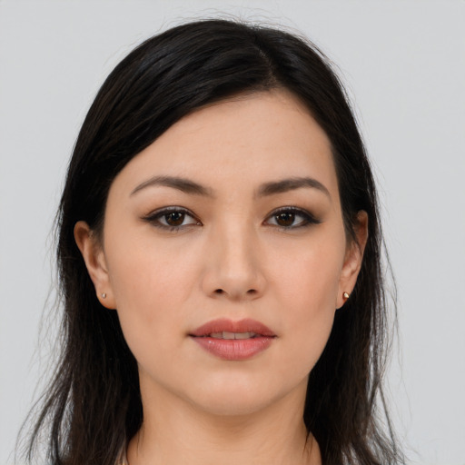 Neutral asian young-adult female with long  black hair and brown eyes