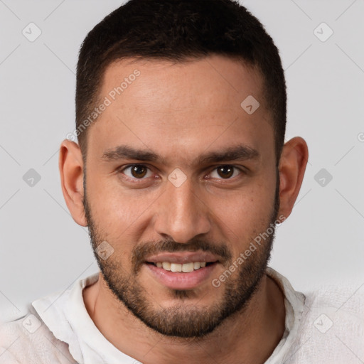 Joyful white young-adult male with short  brown hair and brown eyes