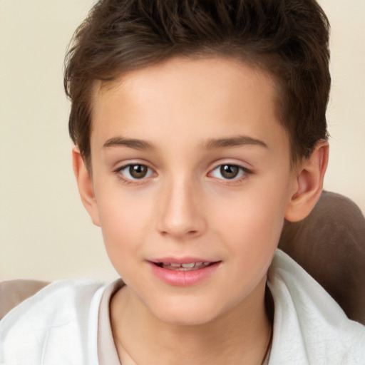 Joyful white child female with short  brown hair and brown eyes