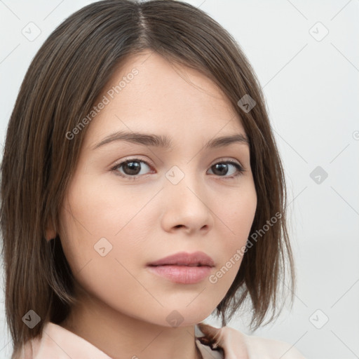 Neutral white young-adult female with medium  brown hair and brown eyes