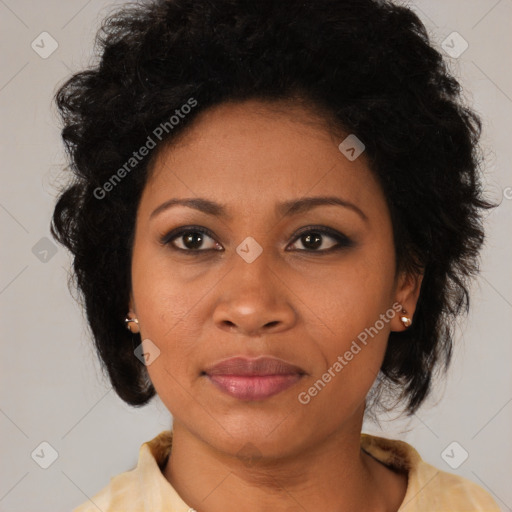 Joyful black young-adult female with medium  black hair and brown eyes