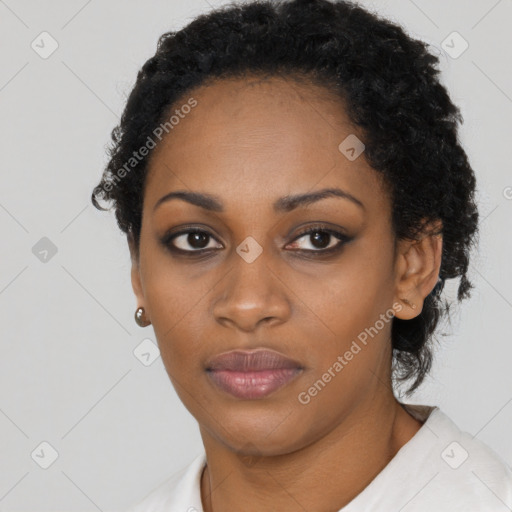 Neutral black young-adult female with short  black hair and brown eyes