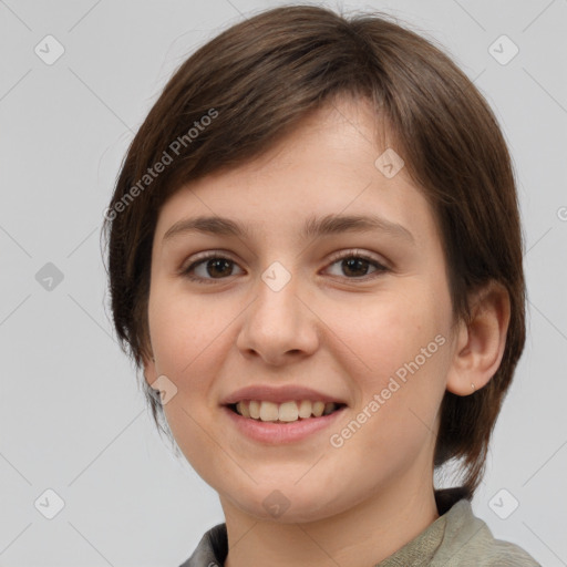 Joyful white young-adult female with medium  brown hair and brown eyes