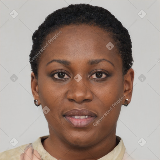 Joyful black young-adult female with short  black hair and brown eyes