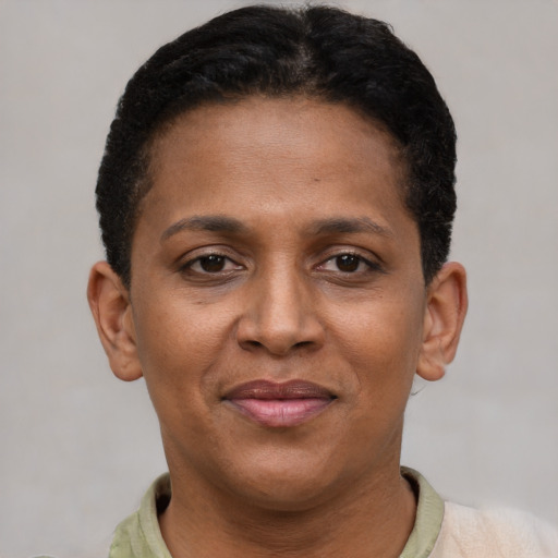 Joyful black young-adult female with short  brown hair and brown eyes