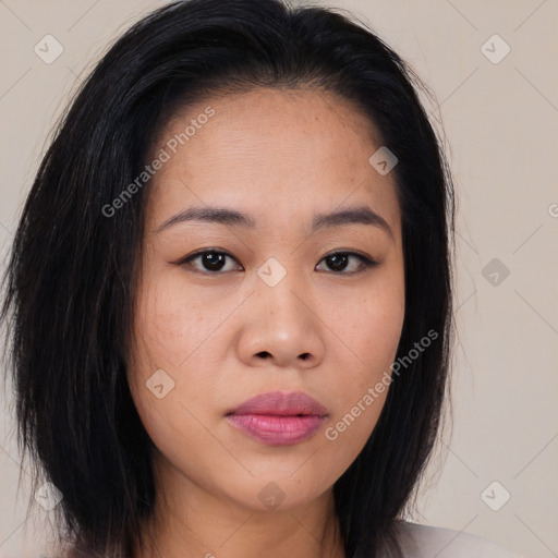 Neutral asian young-adult female with medium  brown hair and brown eyes