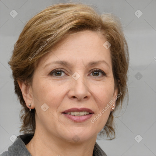 Joyful white adult female with medium  brown hair and grey eyes