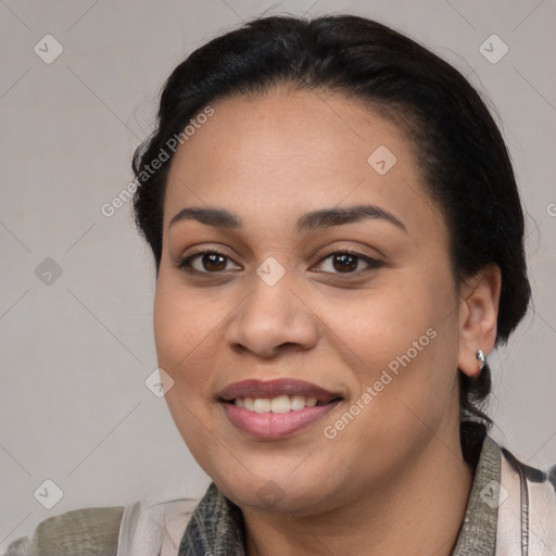 Joyful latino young-adult female with medium  black hair and brown eyes