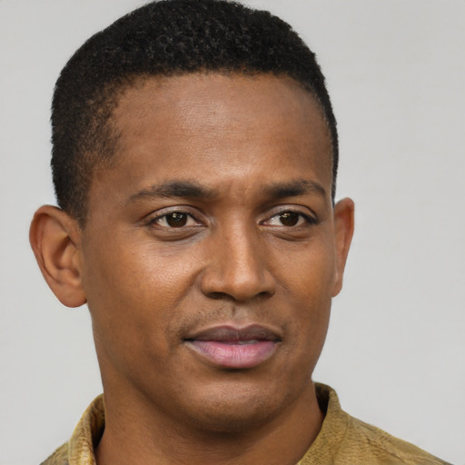 Neutral black young-adult male with short  brown hair and brown eyes