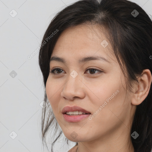 Joyful white young-adult female with medium  brown hair and brown eyes