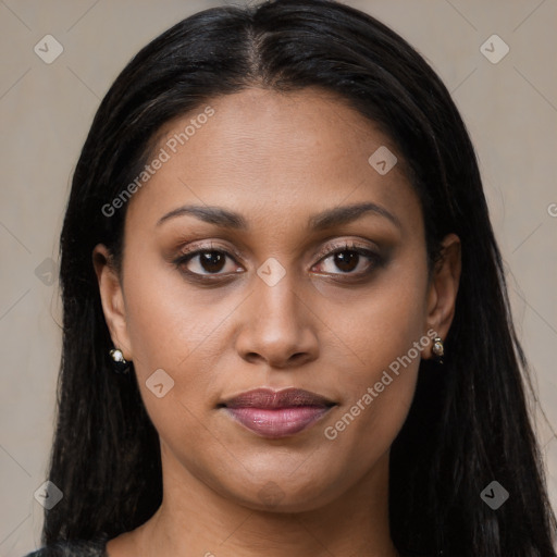 Joyful asian young-adult female with long  brown hair and brown eyes