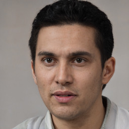 Neutral white adult male with short  black hair and brown eyes