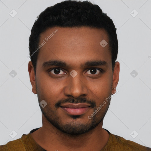 Neutral black young-adult male with short  black hair and brown eyes