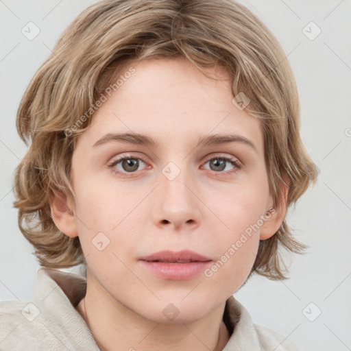 Neutral white young-adult female with medium  brown hair and grey eyes