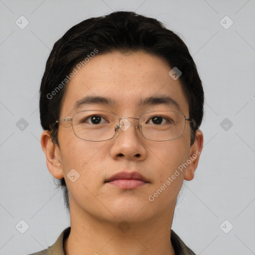 Neutral asian young-adult male with short  brown hair and brown eyes