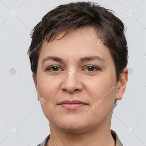 Joyful white young-adult female with short  brown hair and brown eyes