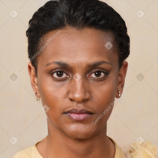 Neutral latino young-adult female with short  black hair and brown eyes