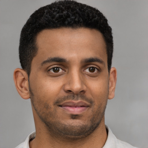 Neutral black young-adult male with short  brown hair and brown eyes