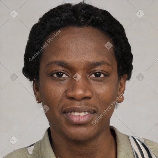 Joyful black young-adult female with short  black hair and brown eyes