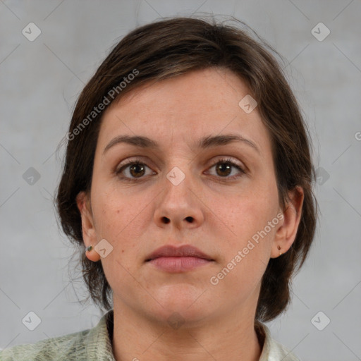 Neutral white adult female with medium  brown hair and brown eyes