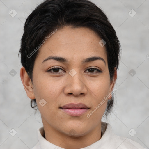 Joyful asian young-adult female with short  brown hair and brown eyes