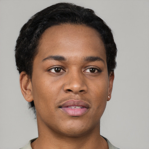 Neutral black young-adult male with short  black hair and brown eyes