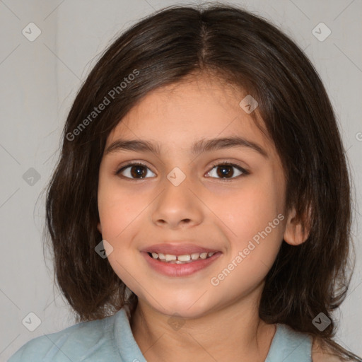 Joyful white child female with medium  brown hair and brown eyes