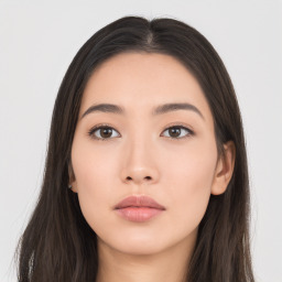 Neutral asian young-adult female with long  black hair and brown eyes