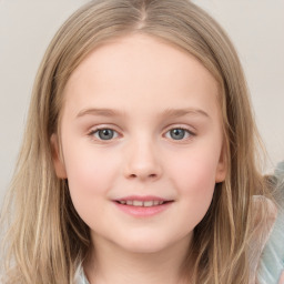 Joyful white child female with long  brown hair and grey eyes