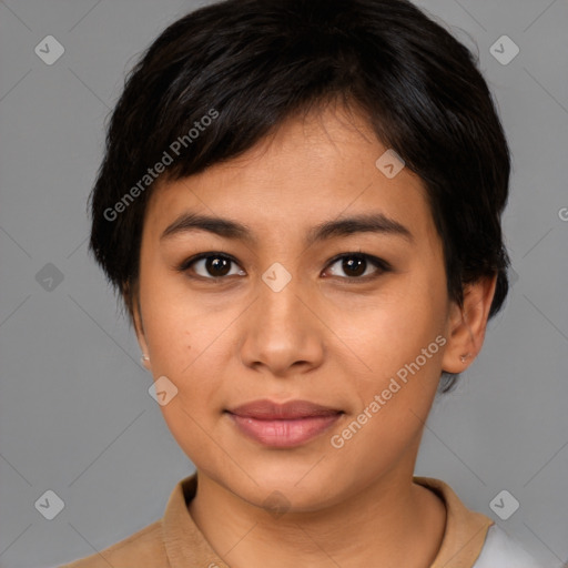 Joyful asian young-adult female with short  brown hair and brown eyes