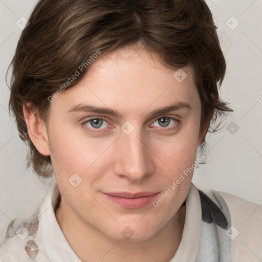 Joyful white young-adult female with medium  brown hair and blue eyes