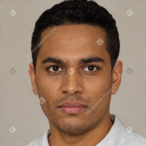 Neutral latino young-adult male with short  black hair and brown eyes