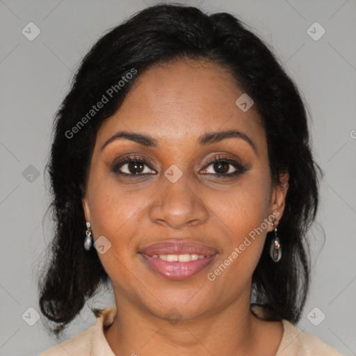 Joyful black young-adult female with medium  brown hair and brown eyes