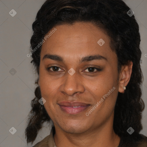 Joyful black adult female with medium  black hair and brown eyes