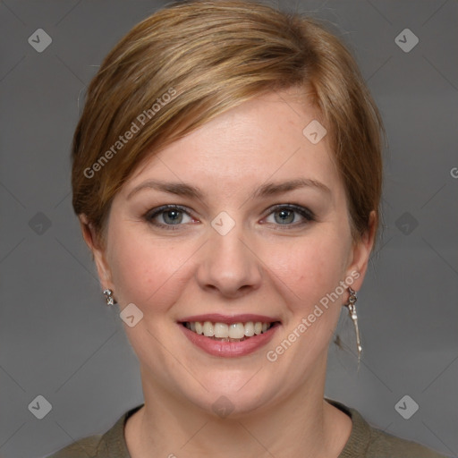 Joyful white young-adult female with medium  brown hair and grey eyes