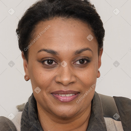 Joyful black adult female with short  brown hair and brown eyes