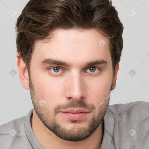 Neutral white young-adult male with short  brown hair and grey eyes