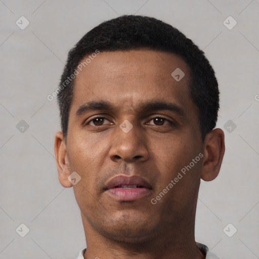 Neutral black young-adult male with short  black hair and brown eyes