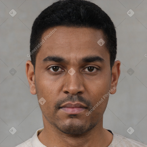 Neutral latino young-adult male with short  black hair and brown eyes