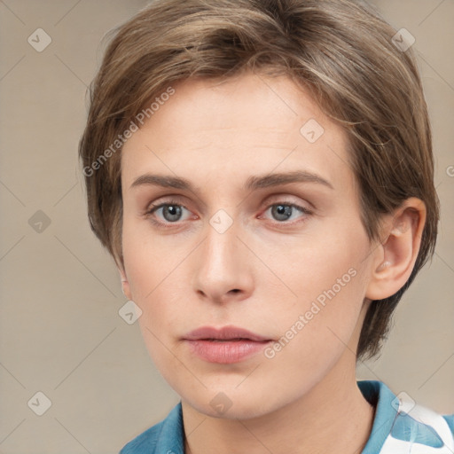 Neutral white young-adult female with medium  brown hair and grey eyes