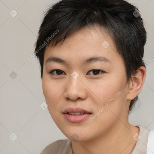 Joyful asian young-adult female with medium  brown hair and brown eyes