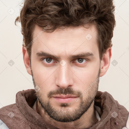 Neutral white young-adult male with short  brown hair and grey eyes