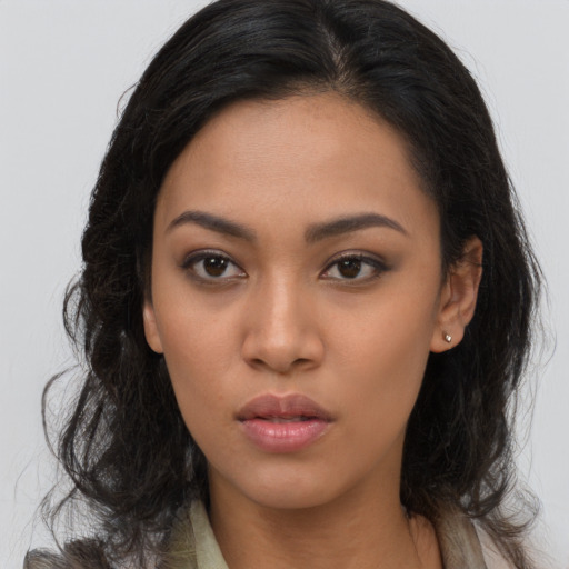 Neutral asian young-adult female with long  brown hair and brown eyes