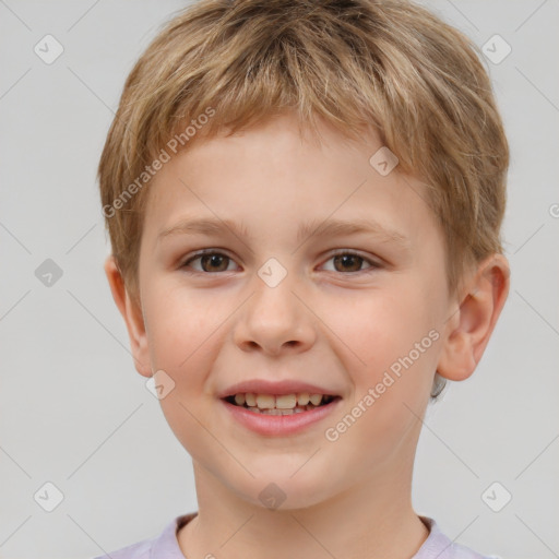 Joyful white child male with short  brown hair and brown eyes