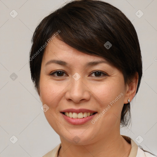 Joyful white young-adult female with medium  brown hair and brown eyes