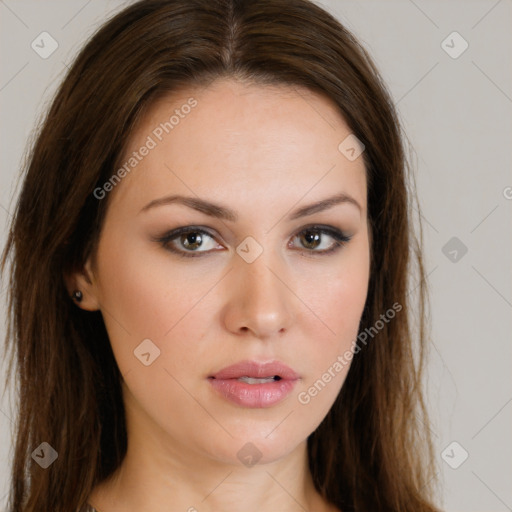 Neutral white young-adult female with long  brown hair and brown eyes