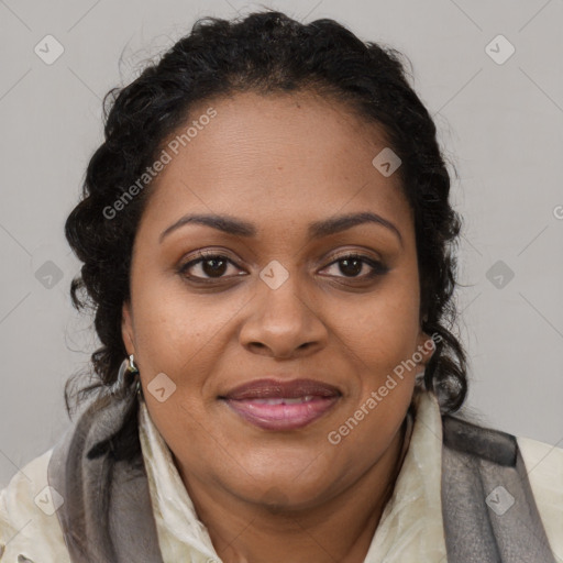 Joyful black adult female with medium  brown hair and brown eyes